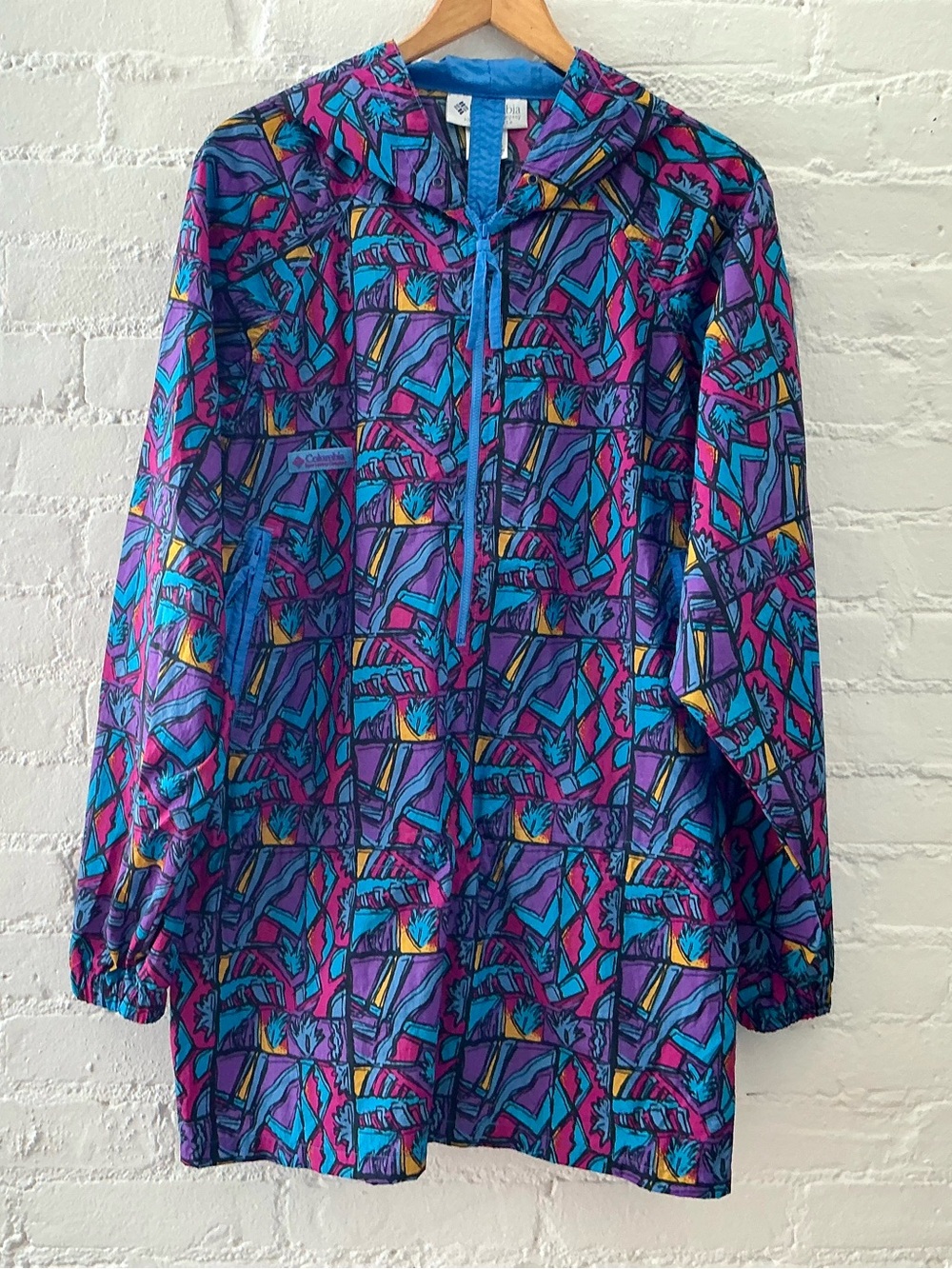 Vintage 90s Columbia Windbreaker Jacket Hooded Half Zip Colorful Geo Print XL